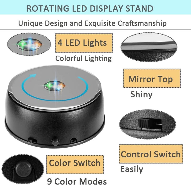 IFOLAINA Rotating Display Stand Led Light Base Colorful Lighted Spinning Statue Tumbler Display Platform for Cup Bowl Trophy Crystal Glass Art - Black - Image 3